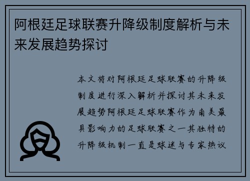 阿根廷足球联赛升降级制度解析与未来发展趋势探讨